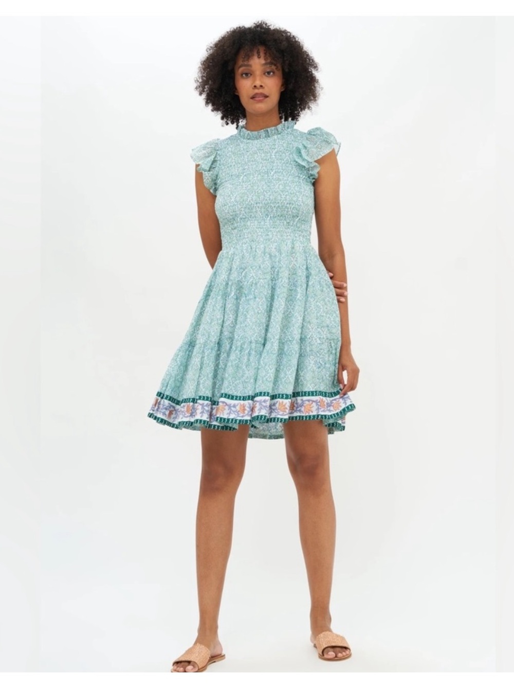 Oliphant Smocked Flirty Floral Short Dress - Jamali Green 100% Cotton